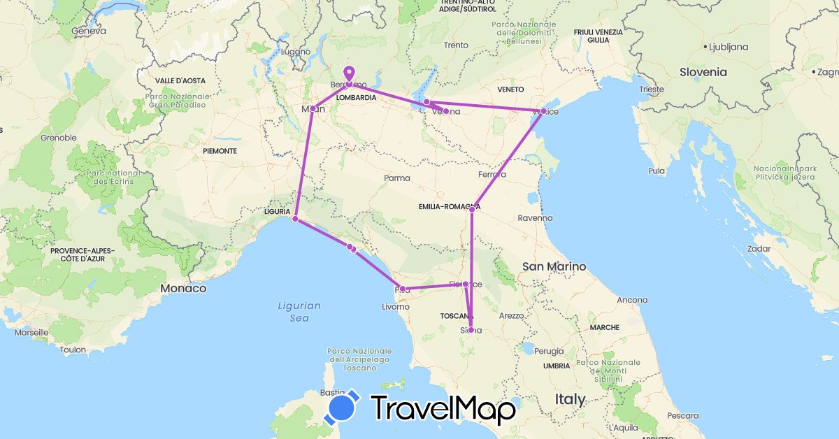 TravelMap itinerary: plane, train in Italy (Europe)